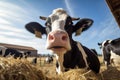 Portrait of a black and white cow on a background of blue sky, Cow eating hay at cattle farm, AI Generated Royalty Free Stock Photo