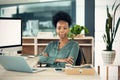 Portrait, black woman and accountant with arms crossed, laptop and confident in office. Computer, face and female