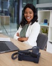 Portrait, black woman arms crossed and call center for customer support, telemarketing and agent in office. African Royalty Free Stock Photo