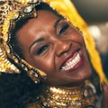 Portrait of black woman, carnival dancer and Brazil culture, samba party and celebration. Face of happy female dancing Royalty Free Stock Photo