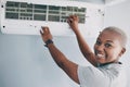 Portrait, black woman and electrician for ac repair, electrical box and fan maintenance. Happy female mechanic Royalty Free Stock Photo