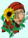 Portrait black woman with green eyes, red hijab and sunflower on head. Plant and shadows in front of her face on blue background Royalty Free Stock Photo