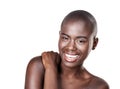 Portrait of black woman, space or smile with beauty, cosmetics or healthy skin isolated in studio. Mockup, bald head or Royalty Free Stock Photo