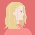 Portrait of a blond haired caucasian woman with blue eyes in pink sweter. The head of a European girl in profile. Social Media