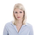 Portrait of a blond isolated young business woman in blue blouse