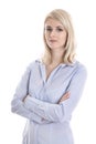 Portrait of a blond isolated young business woman in blue blouse
