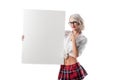 portrait of blond sexy woman in college uniform and eyeglasses pointing at blank banner