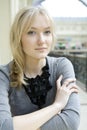 Portrait blond woman with blue eyes