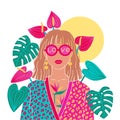 Portrait of a blond woman in the urban jungle. Fashion print. Vector illustration