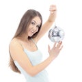 Portrait of blond young girl with a mirror shining ball. Isolated on a white background. Royalty Free Stock Photo