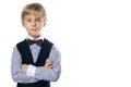 Portrait of blonde boy in classic suit with bow tie Royalty Free Stock Photo