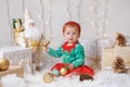 Caucasian Baby Girl With Blue Eyes In Elf Costume Celebrating Christmas Or New Year Holiday