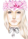 Portrait of a blonde girl with a pink magnolias wreath on her head and bow on her neck