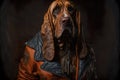 Portrait of a Bloodhound dog dressed as a biker.