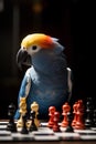 Portrait of blue parrot playing chess