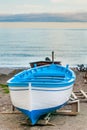 Portrait of a blue and white fishing boat Royalty Free Stock Photo