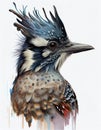 Closeup of a bluejay with a tribal pattern and mohawk on a white background