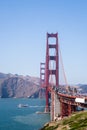 Portrait of boat traveling under the famous golden gate bridge