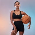 Portrait, body and basketball of black woman isolated on gradient background workout, training and exercise. Confident