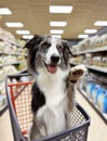 Portrait border collie dog giving five and sitting in a shopping cart or trolley on grocery, super maket or pet store Royalty Free Stock Photo