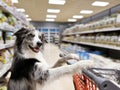 Portrait border collie dog with a shopping cart or trolley on grocery, super maket or pet store Royalty Free Stock Photo