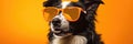 Portrait Border Collie Dog With Sunglasses Orange Background Photographing Dogs With Glasses, Portra