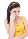 Portrait of bored woman looking at camera, isolated on white background