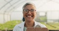 Portrait, botanist and happy woman at greenhouse for science at farm, plant and checklist for ecology. Face, smile and