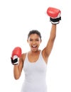 Portrait, boxer and celebration with woman, sports and exercise isolated on a white studio background. Face, person and