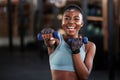 Portrait of boxer, dumbbell or happy black woman training, exercise or workout for a strong punch or power. Smile, face Royalty Free Stock Photo