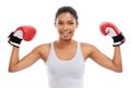 Portrait, boxer and fight with woman, flexing and exercise isolated on white studio background. Face, person and Royalty Free Stock Photo