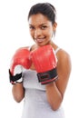 Portrait, boxer and fight with woman, smile and exercise isolated on a white studio background. Face, person and Royalty Free Stock Photo