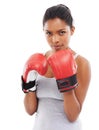 Portrait, boxer and fight with woman, sports and exercise isolated on a white studio background. Face, person and