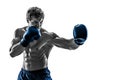 Portrait of boxer who practicing left hook in blue gloves on white background. Black and white torso