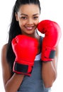 Portrait, boxing gloves and woman in studio for sports, combat and white background. Self defense, boxer or mma fighter Royalty Free Stock Photo