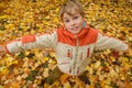 Portrait of boy in autumn park against leaves Royalty Free Stock Photo