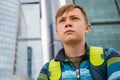 Portrait boy on a background Moscow International Business Center