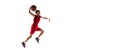 Full-length portrait of boy, basketball player training, throwing ball in the jump isolated over white background. Flyer Royalty Free Stock Photo