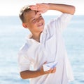 Portrait boy boat Royalty Free Stock Photo