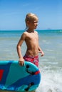 Portrait of a boy with a bodyboard on the background of the sea Royalty Free Stock Photo