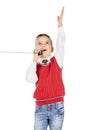 Portrait Boy emotionally talking on the wired telephone on whit Royalty Free Stock Photo