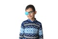 Portrait of boy in glasses with patch. Eye patch for glasses t treat lazy eye, amblyopia, strabismus Royalty Free Stock Photo