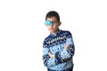 Portrait of boy in glasses with patch. Eye patch for glasses t treat lazy eye, amblyopia, strabismus Royalty Free Stock Photo