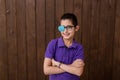 Portrait of boy in glasses with patch. Eye patch for glasses t treat lazy eye, amblyopia, strabismus. Royalty Free Stock Photo