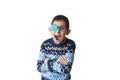 Portrait of boy in glasses with patch. Eye patch for glasses t treat lazy eye, amblyopia, strabismus Royalty Free Stock Photo