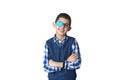 Portrait of boy in glasses with patch. Eye patch for glasses t treat lazy eye, amblyopia, strabismus Royalty Free Stock Photo