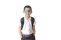 Portrait of boy in glasses with patch. Eye patch for glasses t treat lazy eye, amblyopia, strabismus. Royalty Free Stock Photo