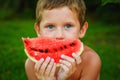 Portrait of a boy holding a slice of watermelon in front of his face, in the form of a smile on a green background of nature. A Royalty Free Stock Photo