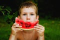 Portrait of a boy holding a slice of watermelon in front of his face, like a smile on a green background of nature. A child eats a Royalty Free Stock Photo