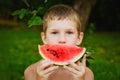 Portrait of a boy holding a slice of watermelon in front of his face, like a smile on a green background of nature. A child eats a Royalty Free Stock Photo